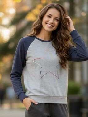 PJ Salvage Rainbow Embroidered Star Gray Navy Long Sleeve Raglan Shirt Top